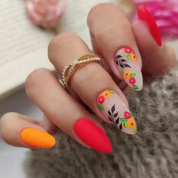 Acrylic Medium Almond Tip Floral Leaf Bright Orange Manicure Nails Professional - Picture 1 of 7